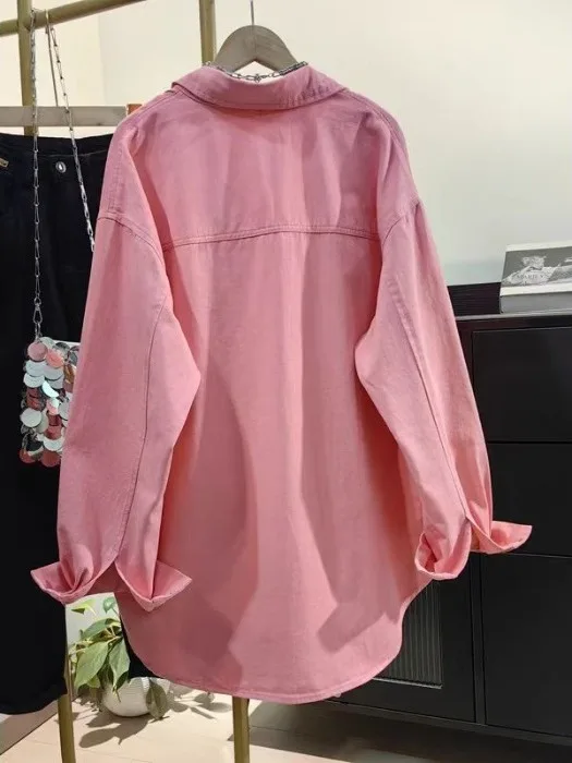 안티에이징 핑크 이르트 루즈 캐주얼 여성 패션 한국 스타일 긴 소매 버튼 디테일 통기성 피부 친화적