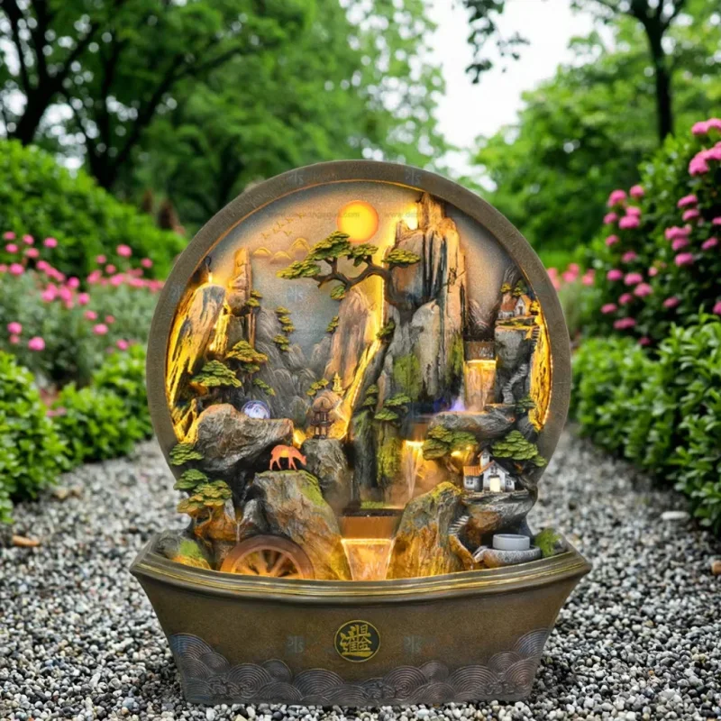 custom.Zen Meditation LED Light Tabletop Waterfall Rockery Indoor Home Office Decor Resin Desktop Garden Ornaments Garden