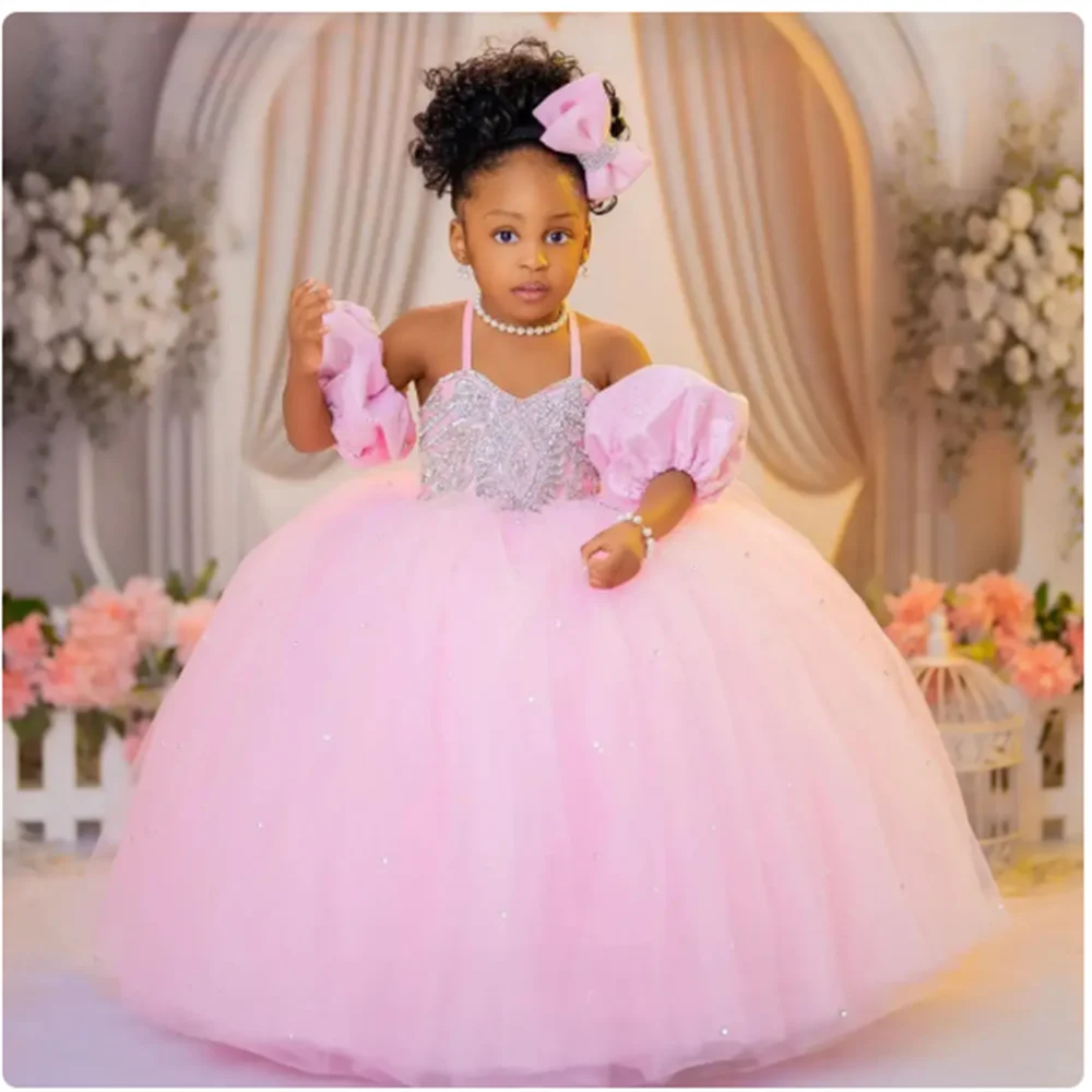Flower Girl Dresses Blush Pink Spaghetti Neck Ball Gown First Communion Dress Birthday Photos Shoot Gowns for Party