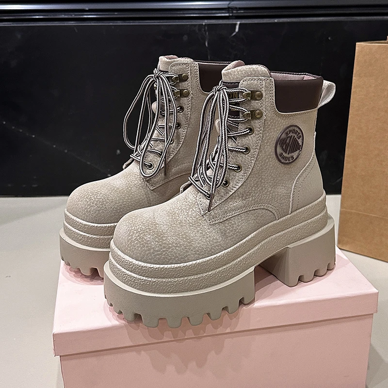 

Женские кожаные ботильоны на осень-зиму, 9 см, мотоциклетные ботинки на массивном каблуке, женские короткие ботильоны на высокой платформе с толстой подошвой