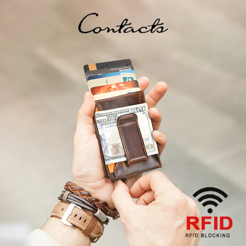 CONTACT'S Genuine Leather Card Holders for Men Wallet Short Purse Mini Leather Wallet Anti-Theft Card Bag