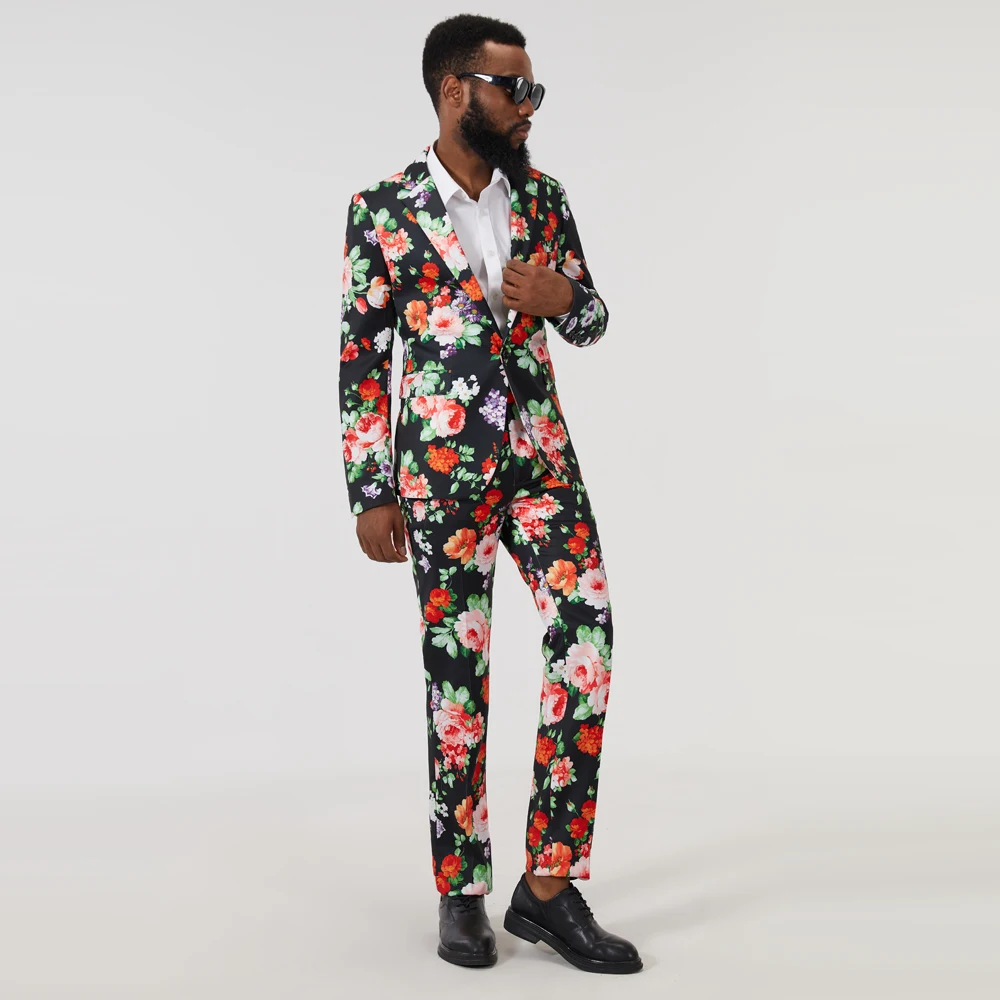 Men\'s Red Flower Printed Suit Blazer Design Plus Size Hip Hot Casual Male Slim Fit Jacket Singer Costume Performance Dress