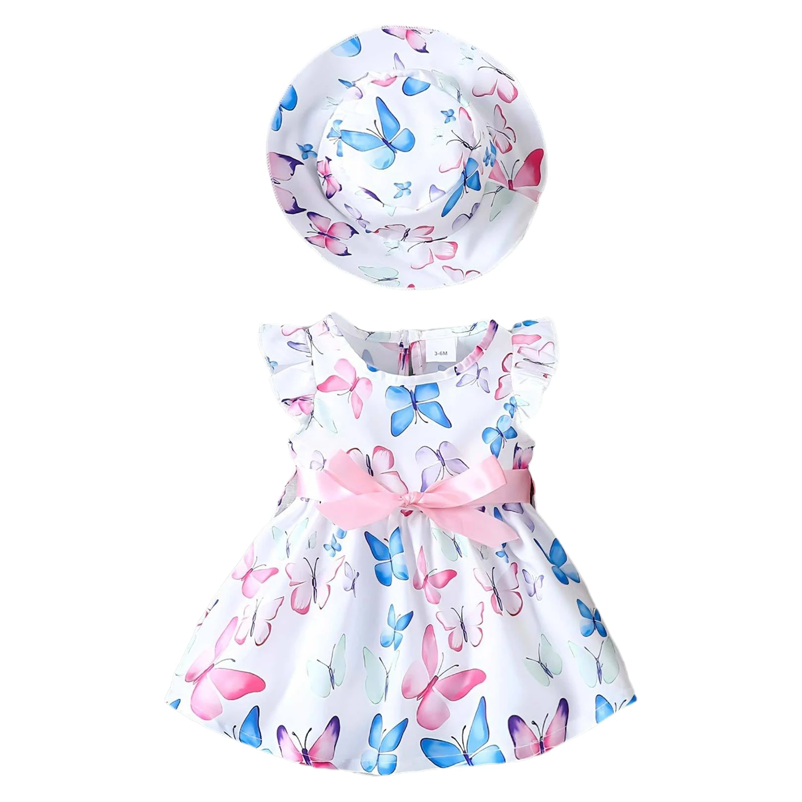 

Infant Baby Girls Summer Dress with Sun Hat Flying Sleeve Butterfly Print A-line Dresses Toddler Party Holiday Beach Sundress