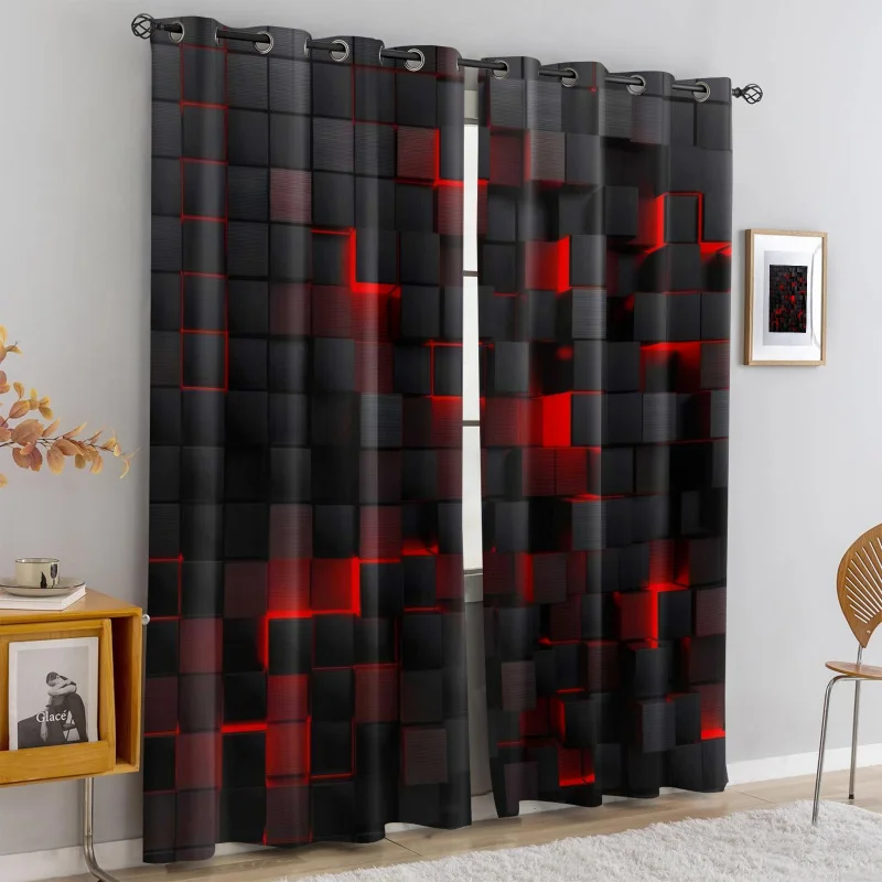 

2Pcs 3D Red Black Geometric Cube Print Blackout Curtains, Cyberpunk Modern Industrial Gamer Room Decor Grommet Top Window Drapes