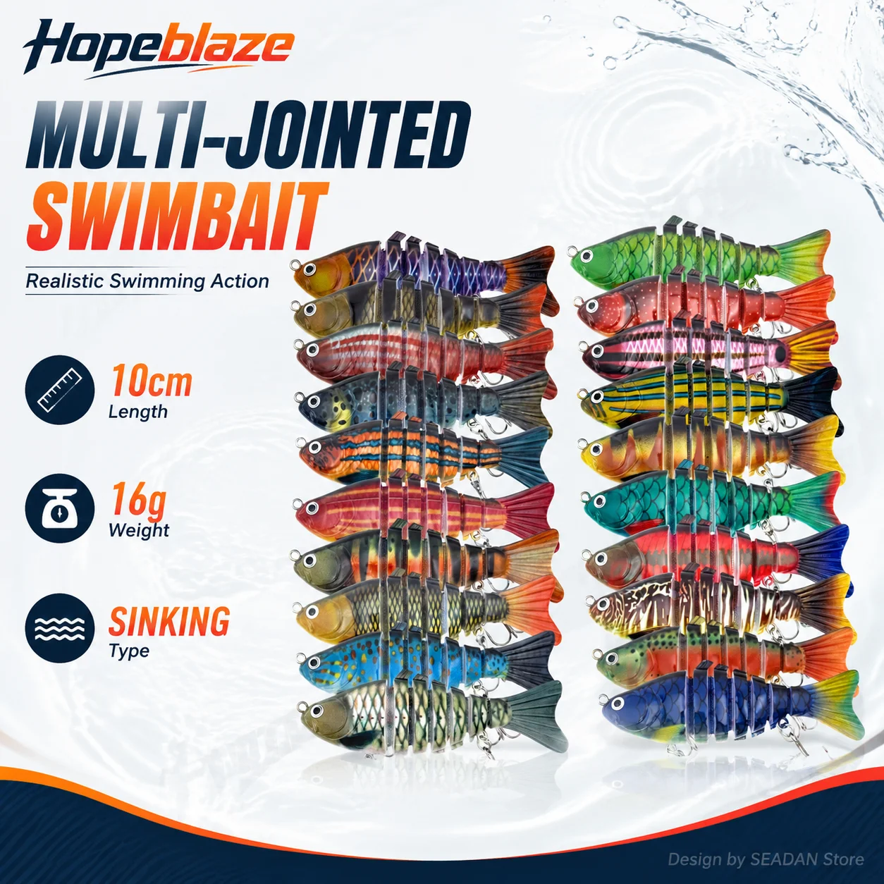 

Hopeblaze Sinking Multi-Jointed Fishing Lure 10cm 16g 7 Segments #6 High Carbon Treble Hooks Swim Bait For Bass Culter Snakehead
