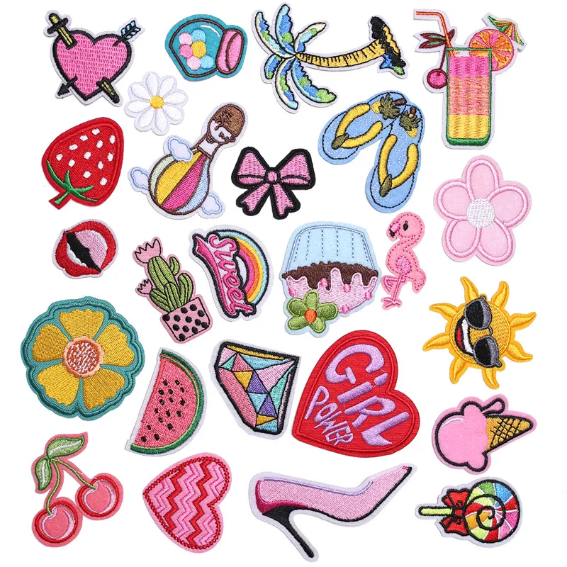 AXEN-Strawberry Cherry Embroidery Patch Sticker, 3D Embroidered Patch, Sew on Girl Pink High Heel Patches, Set of 25Pcs