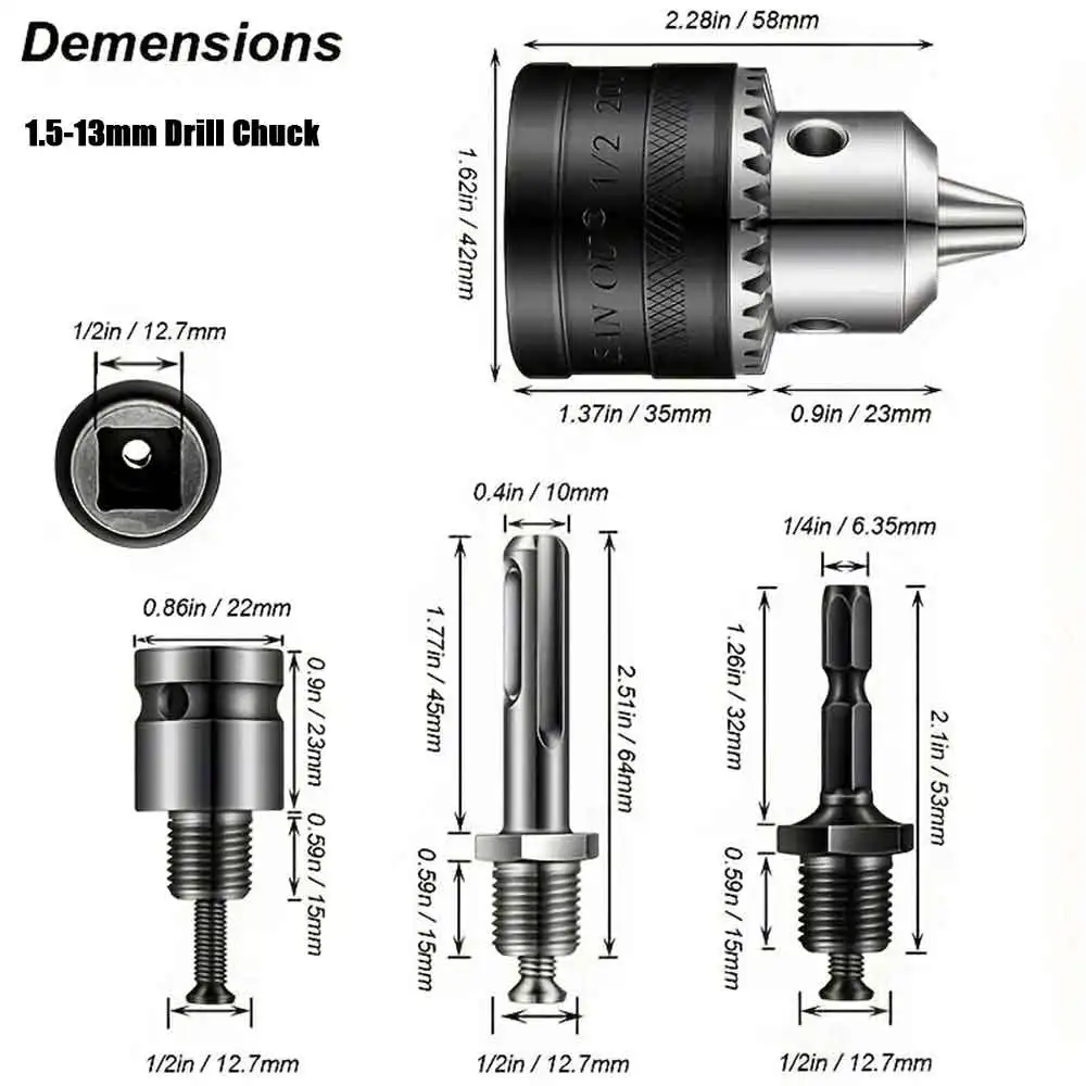 Imagem -05 - Montagem Impact Driver Drill Chuck Conversão Hex Shank Sds-plus Adaptador Quadrado com Chuck Key 10 mm 13 mm 16 mm 220unf 8-24unf
