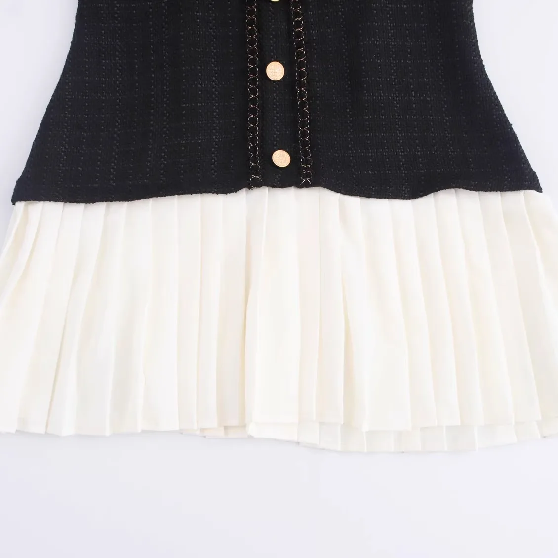 

ZBZA Autumn New Women's Faion Design Sense Retro Aosphere Thi Weave Splicing Pleated Dr round Ne Polyester Fiber