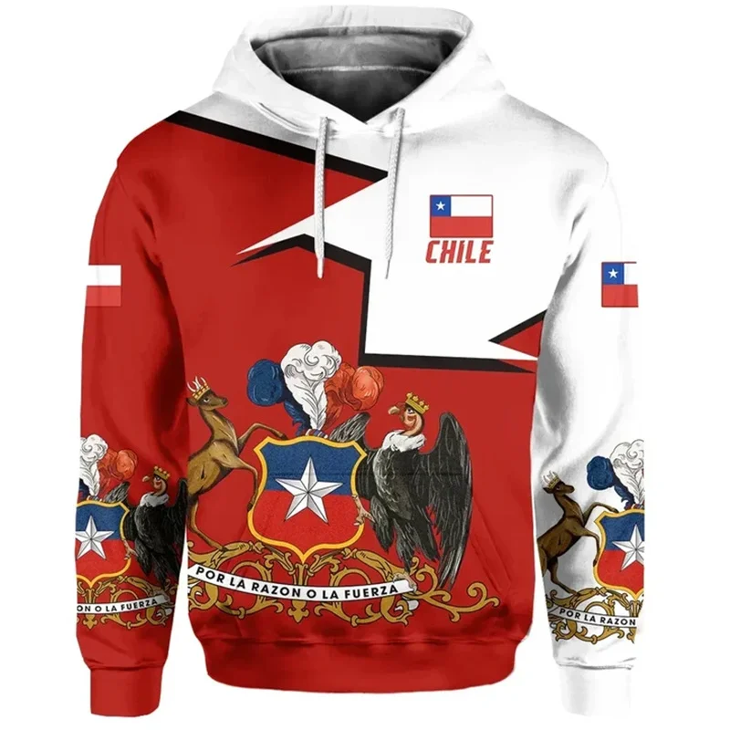 Vintage Chile Map Flag 3D Printing Hoodies Republic-of Chile Coat Of Arms Graphic Hooded Sweatshirts Mens Clothing Pullovers Top