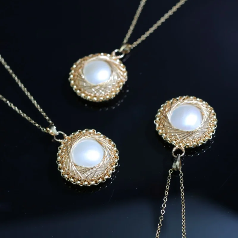 

SGARIT 100% Natural Saltwater Mabe Pearl Sweater Chain Hand-woven Necklace 14K Gold Filled Mother's Day gift 8449