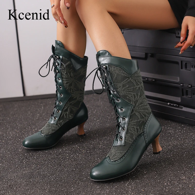 

Kcenid New Cross-tied Lace-up Modern Boots Women High Heel Round Toe Mid-Calf Motorcycle Shoes Women's Winter Boots Plus Size 50