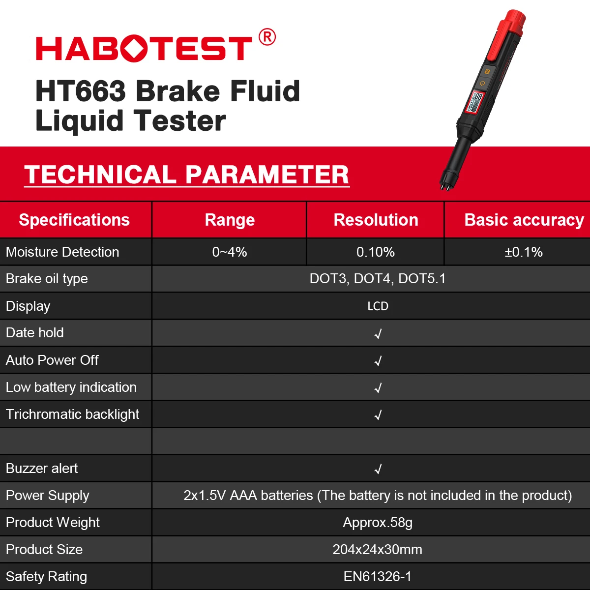 3-Farben-Hintergrundbeleuchtung Tragbarer Digitaler Bremsflüssigkeitstester Präziser Auto-Bremsöltester mit Ton- und Lichtalarm DOT3 DOT4 DOT5.1 – Detail 2