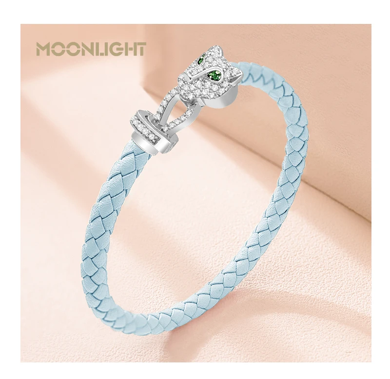 MOONLIGHT Classic Design Exquisite Cheetah Zircon Bracelet for Women Braided Leather Bracelet Quality Banquet Couples Gift