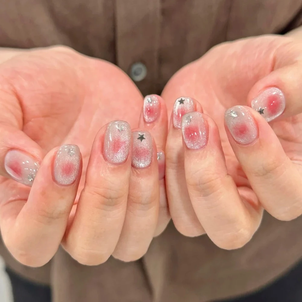 

10Pcs Handmade Manicure Short Coffin Fake Nails New Cute Cat Eye Limited Nails Press On Nails Design with Adhesive Nail File Set