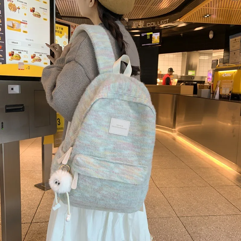 

Women's Colorful Dot Knit Backpack Plush Fuzzy Rucksack With Fluffy Charm For Daily Use School