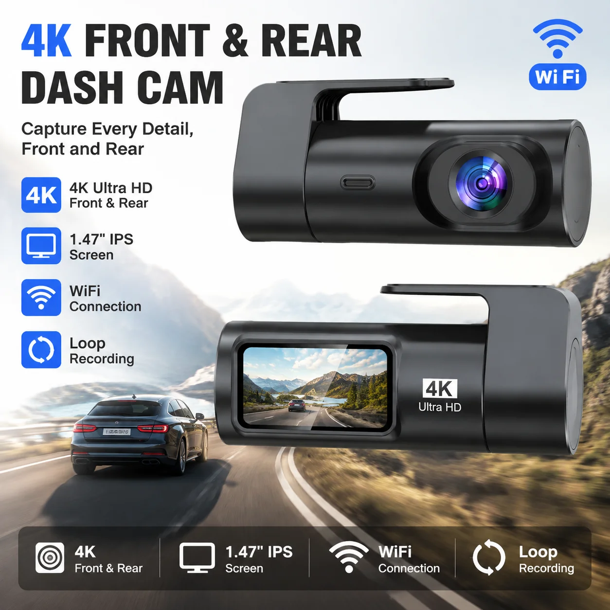 4K Dual Dash Cam Front Rear Camera 1.47'' IPS Screen Built-in WiFi Night Vision Loop Recording G-Sensor Car Accessories