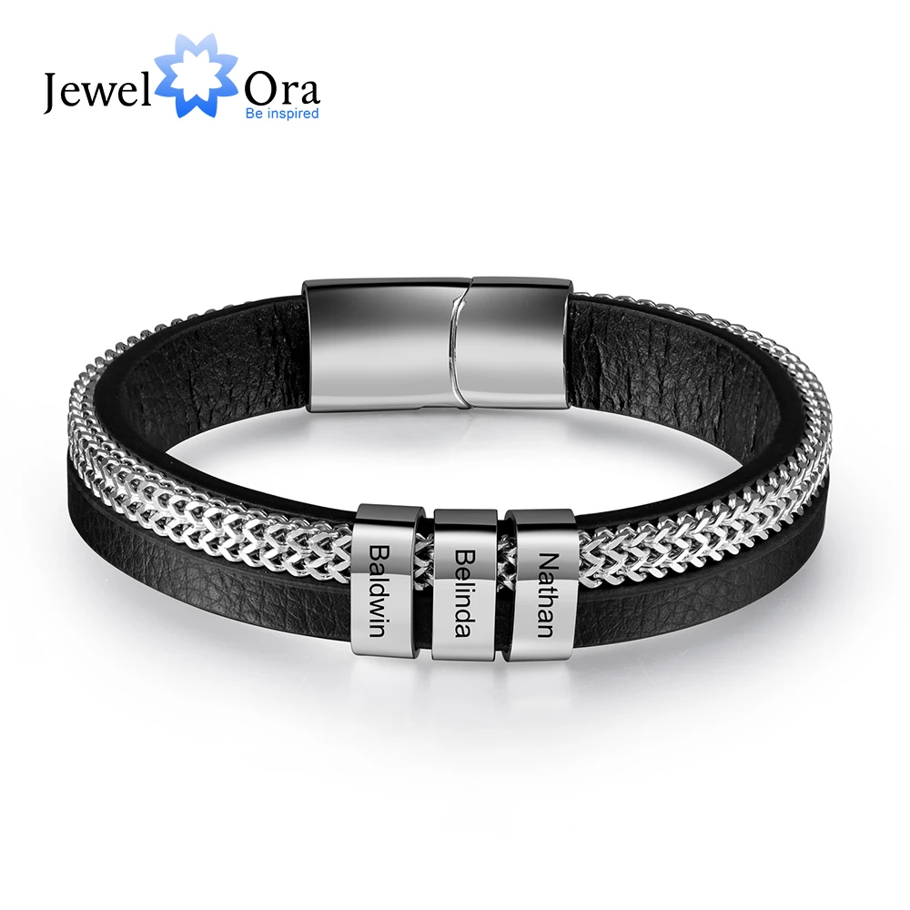 Personalized Metallic Chain & Leather Bracelet with 3 Engrave Name Beads Customized Bracelets for Men Christmas Gifts for Father