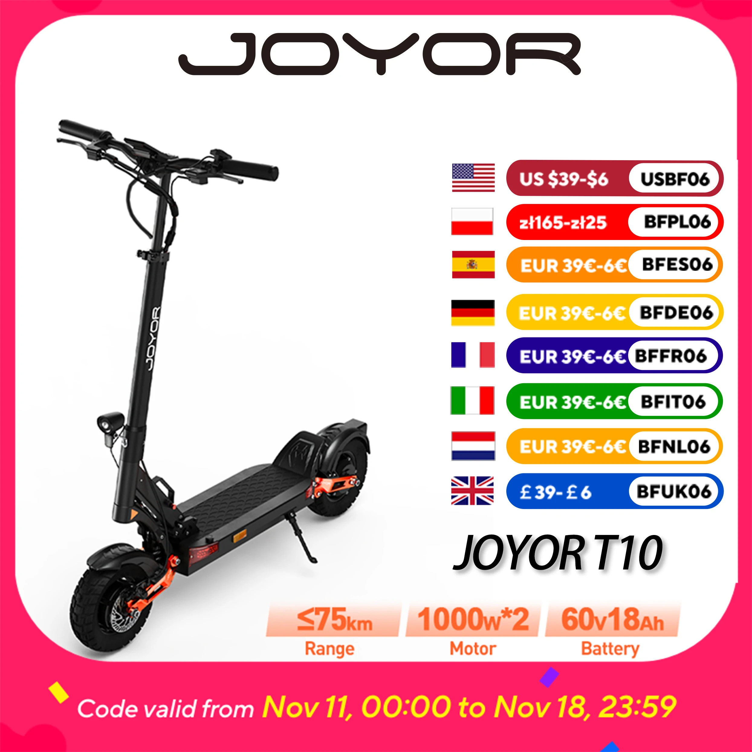 JOYOR T10 pliable adulte Scooter électrique e-scooter 25/60 km/h coup de pied électrique 2000W planches à roulettes 60V 18Ah béquille