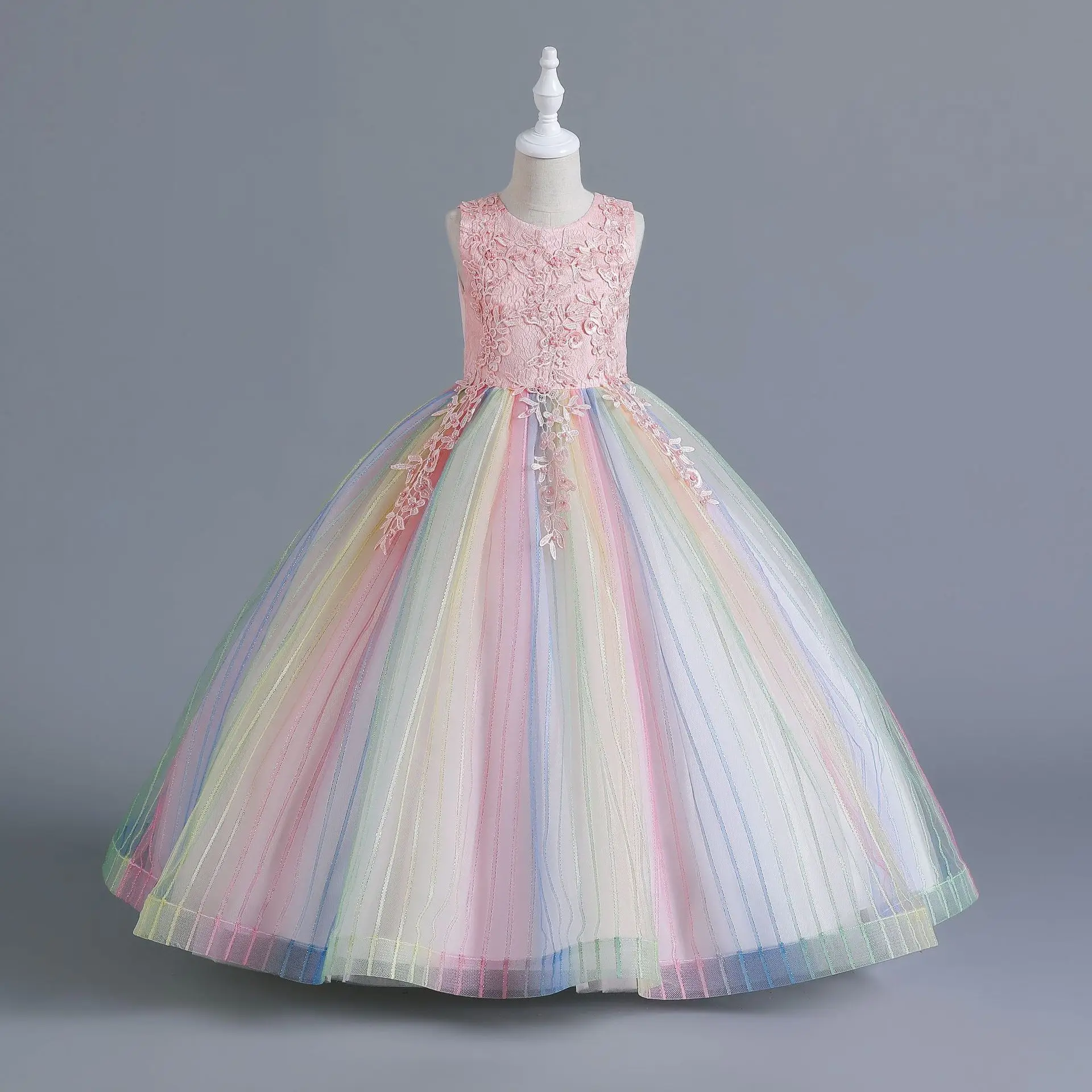 HETISO Rainbow Tulle Long Evening Dress Champagne Lace Kids Pageant Gown for Girls Sizes 10 12 14 Years Wedding Party Dress