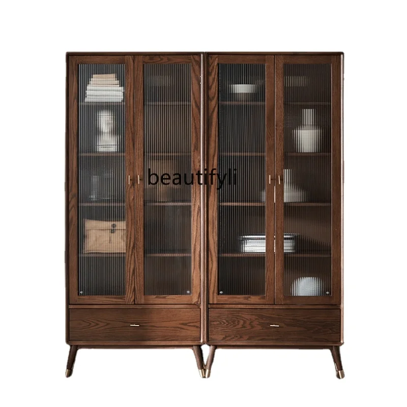 

Nordic Solid Wood Bookcase Black Walnut-Color Oak Bookshelf and Storage Shelf Glass Door Display Cabinet