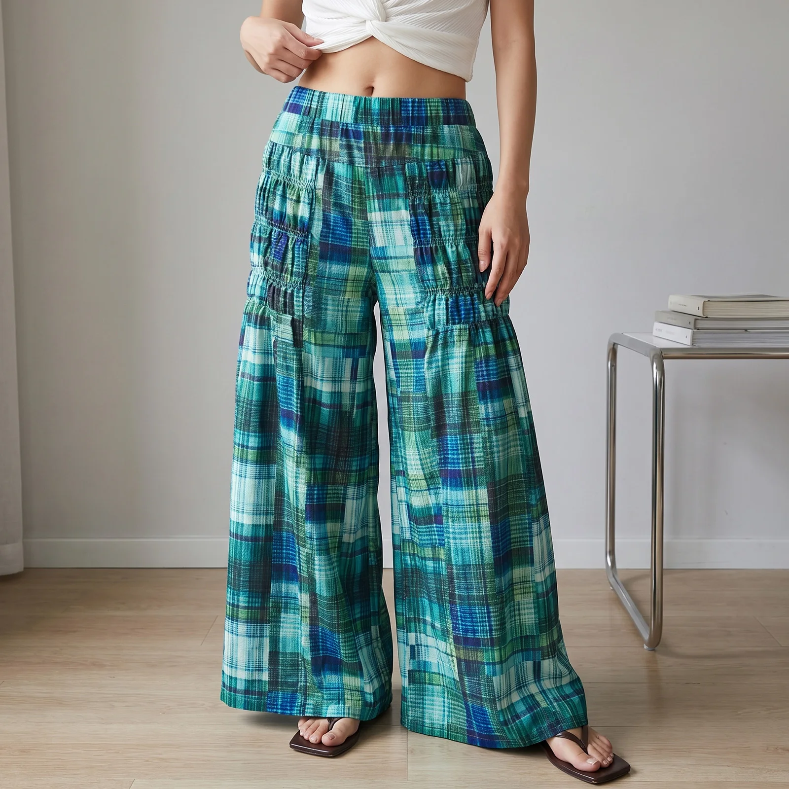 Womens Fall Plaid Print Pants Casual Loose Fit Elastic Mid Rise Wide Leg Trousers