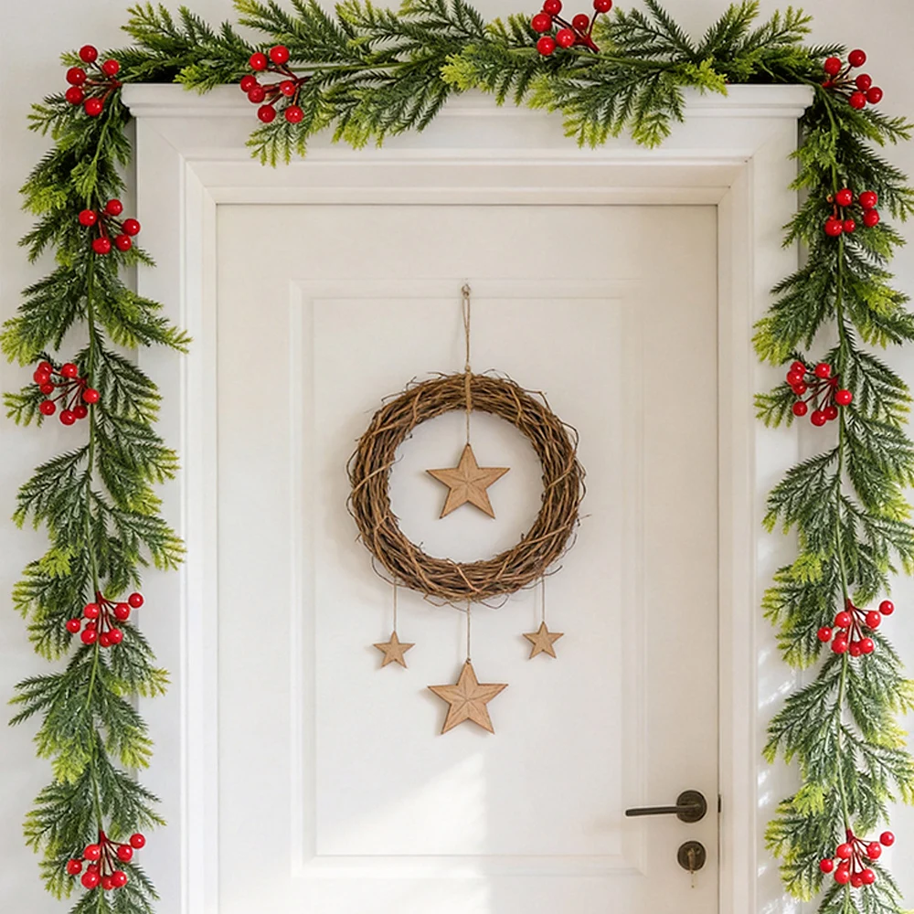 175cm Artificial Christmas Vine Fake Pine Needle Hanging Plant Faux Foam Red Fruit Garland Xmas Wreath For Home Door Table Decor