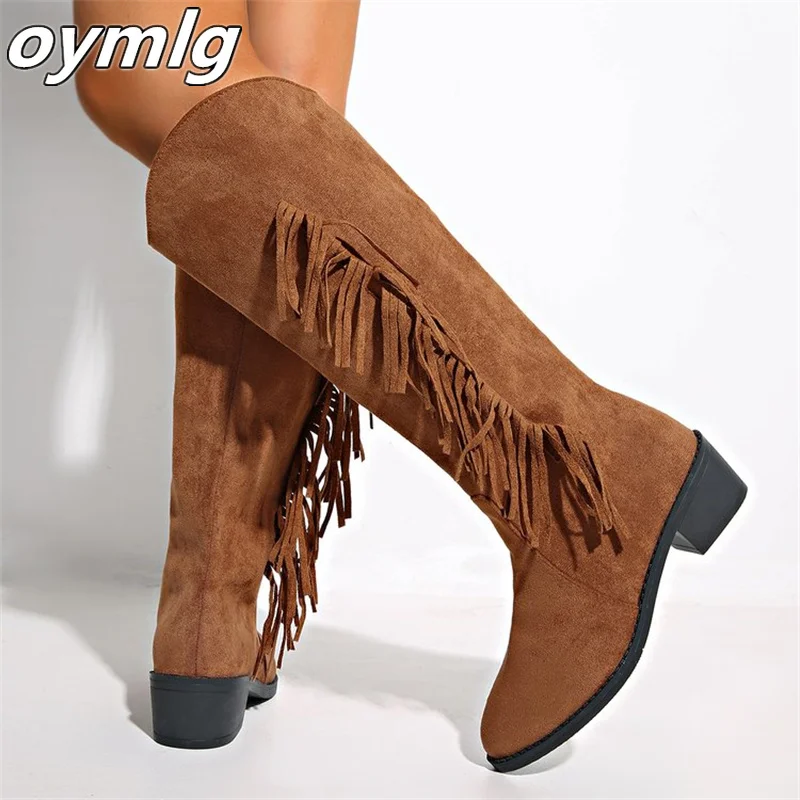 Large suede long tube fringed boots for women 2024 new pointed low heel versatile boots for knights