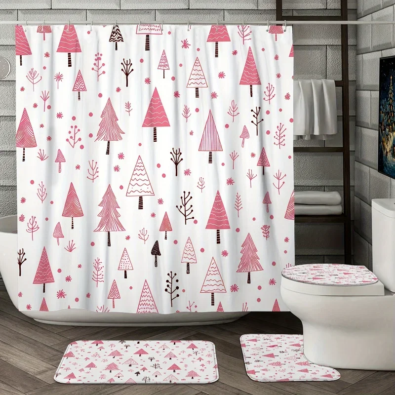 [Open] 1/4PCs Winter set Christmas tree pine simple pink shower curtain waterproof polyester washable F