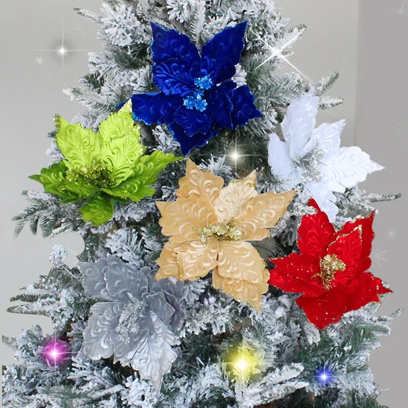 

28cm Glitter Sequin Christmas Flower Artificial Flower for Christmas Tree Decorations Big Xmas Fake Flower New Year Home Decor