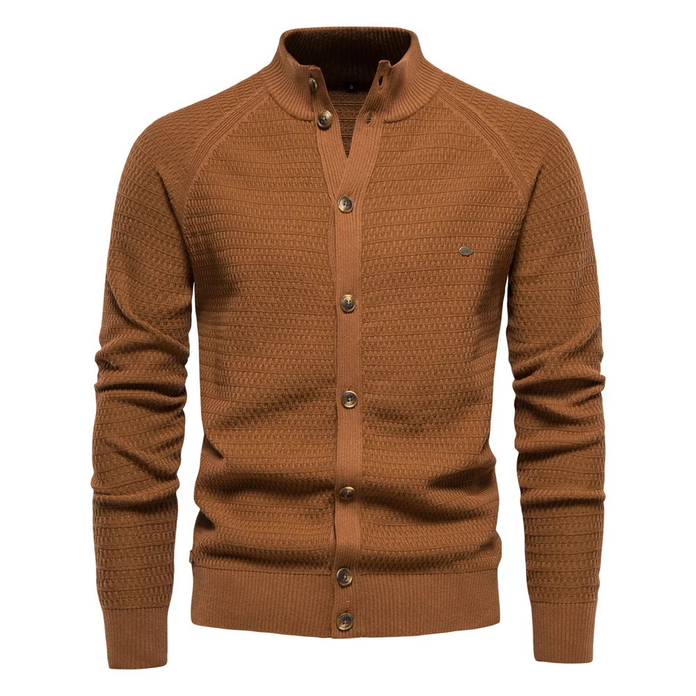 Suéter cárdigan para hombre, ropa de alta calidad para primavera y otoño, suéteres de punto de manga larga con cuello levantado de Color sólido grande para hombre