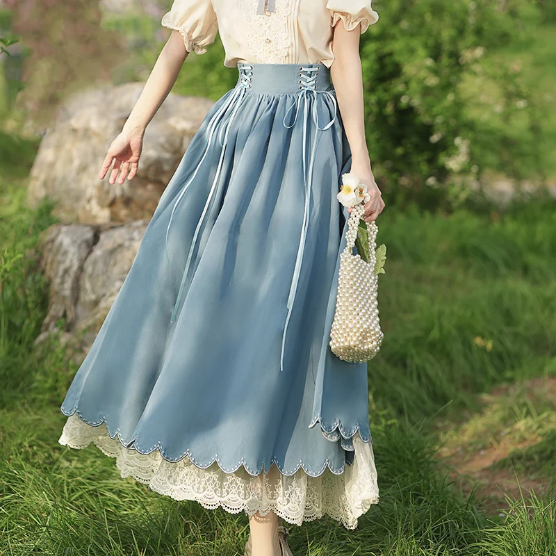 

Lolita Style Long Pleated Skirt Women Summer Vintage High Waist Lace Up Skirts Lace Patchwork Maxi Skirt Jupe Femme