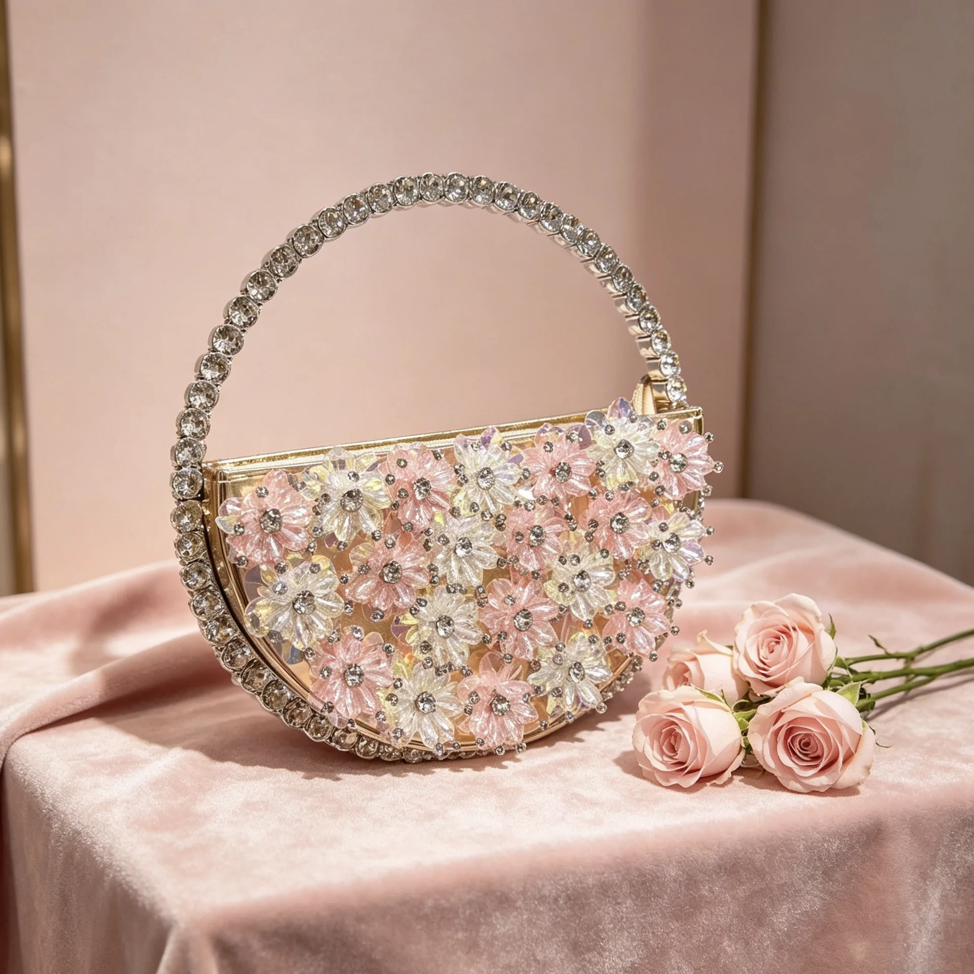 Trendy round full diamond handbag diamond handmade dinner bag light luxury handheld evening diamond flower bag