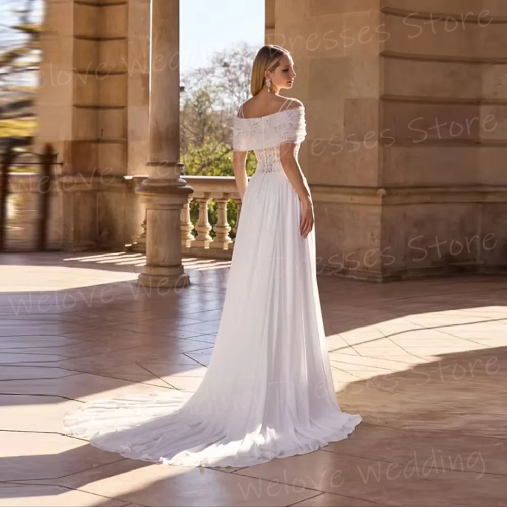 Graceful A Line Women's Off Shoulder Lace Appliques Wedding Dresses Robe De Mariée Customized Slit Bride Gowns Vestido De Novia
