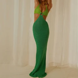 Women Sexy Backless Tie-up Long Dress Summer Fashion Evening Party Dress Color Contrast Hanging Neck Cutout Beach Dress