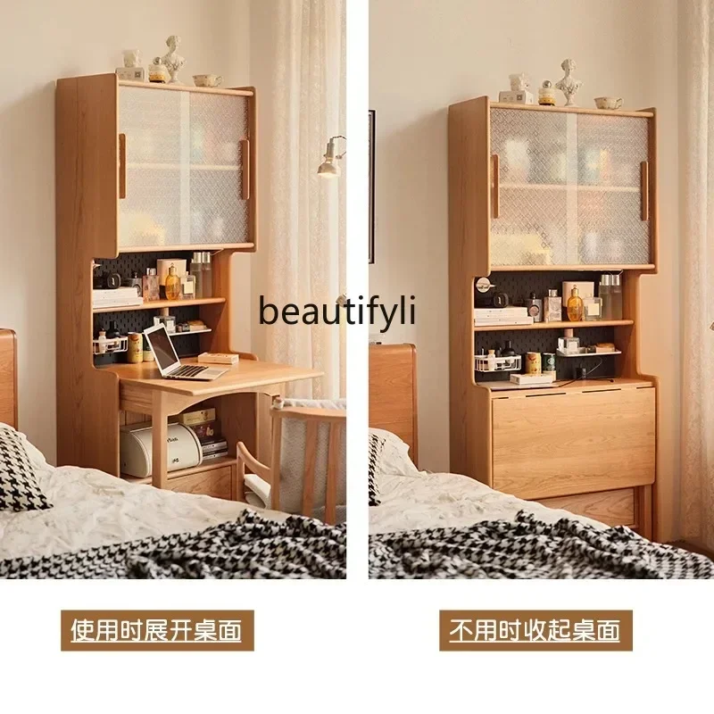 

Solid wood folding desk study table bookshelf integrated cherry wood bedroom retractable bedside table9344