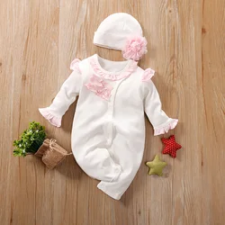 0-18M 2PCS Bodysuit+hat Newborn Baby Girl Clothes High quality White color girl Comfortable summer short sleeve Baby Bodysuit