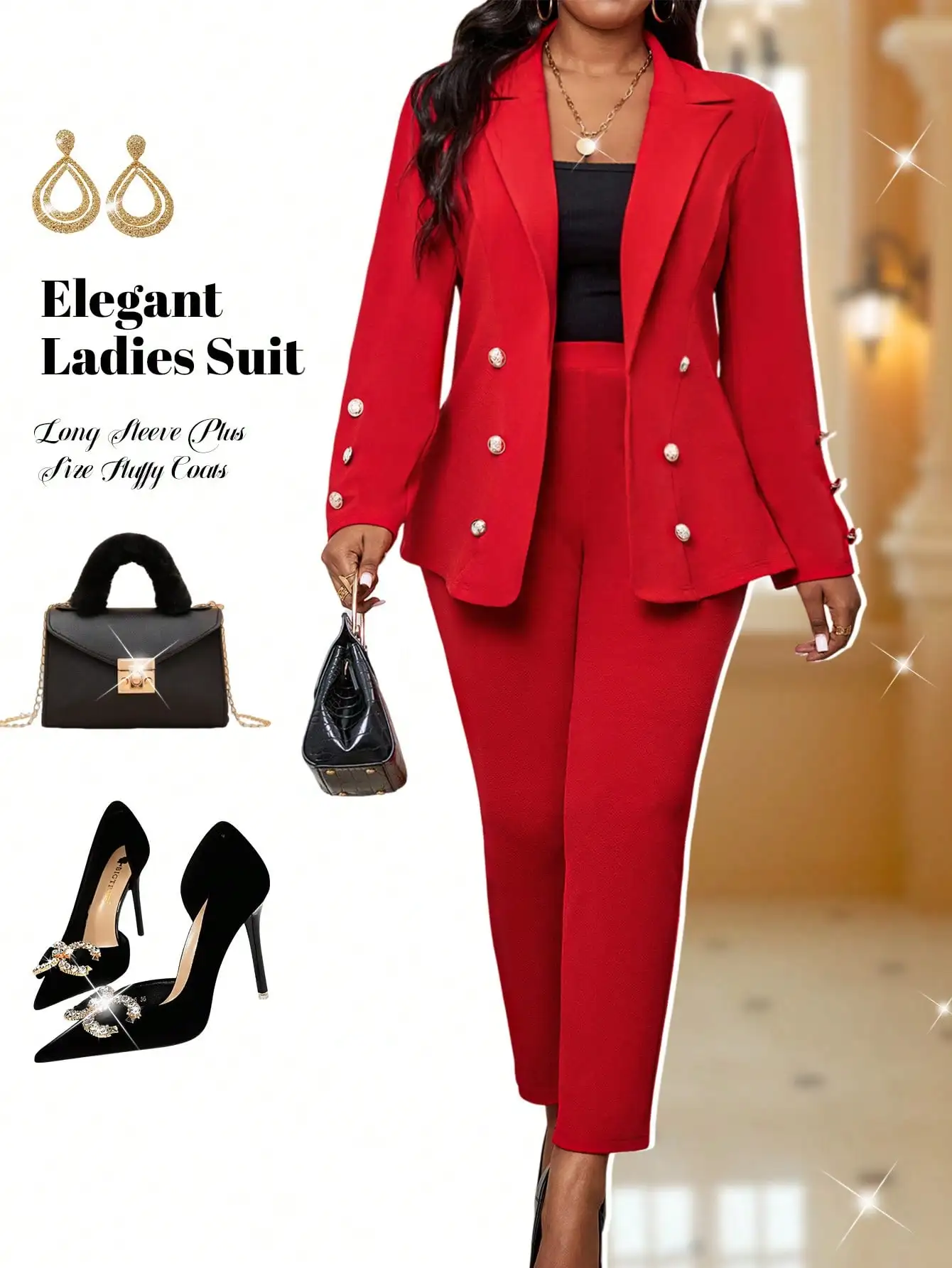 

Элегантный красный женский костюм с двубортным пиджаком и брюками, офисная одежда больших размеров с длинными рукавами