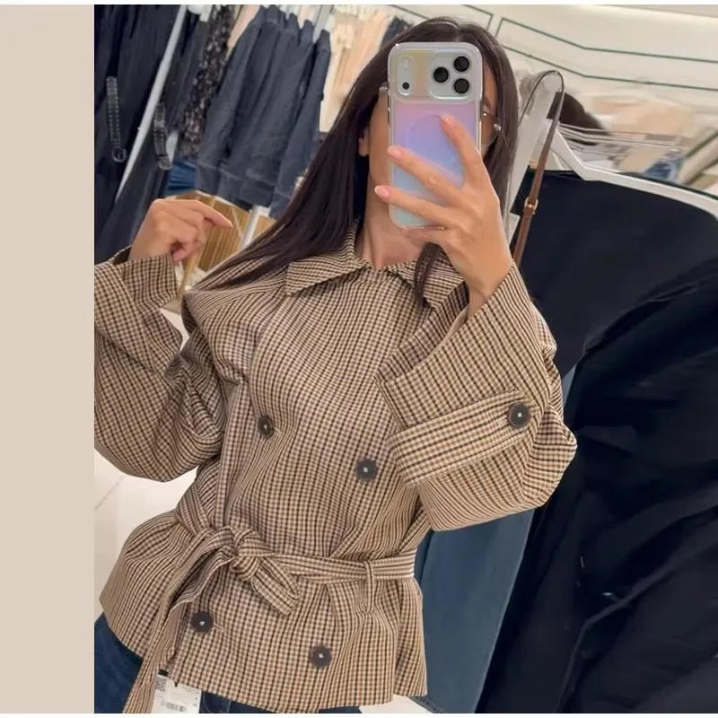 Damen Herbst Winter Trendige Karo-Kurzjacke mit Doppelreiher, Gürtel und Taschen, Jacken-Outfits, Streetwear, Trenchcoat für Frauen – Detail 2