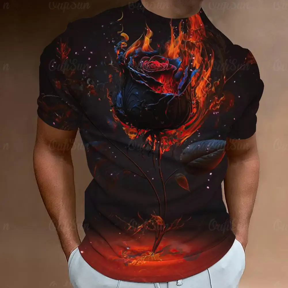 Men 3D Full Print Tee Dark Red Rose Floral Graphic Crew Neck Casual Summer Street Top