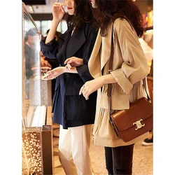 Women's Lapel Linen Work Clothes Style Short Windbreaker Jacket Khaki Navy Blue Trench Coat Women's Clothing Spring and Autumn