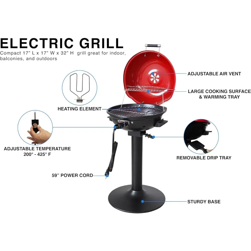 Electric BBQ Grill for Indoor & Outdoor Grilling with Warming Rack, Adjustable Temperature, Portable Patio Grill 1600 Watts, Red