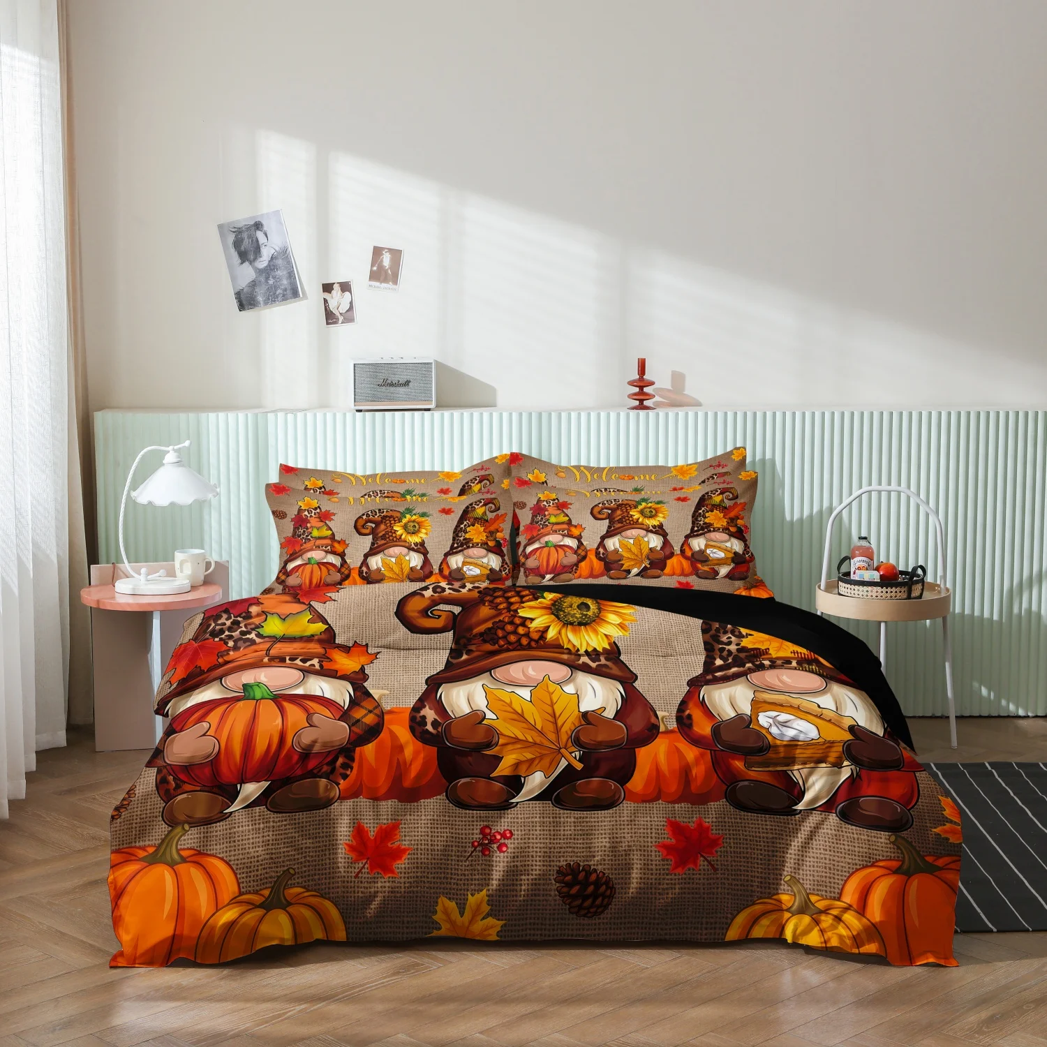 3 Pieces Thanksgiving Fall Harvest Print Duvet Cover Set, Leopard Gnome Pumpkin Sunflower Maple Leaf Welcome Print Bedding