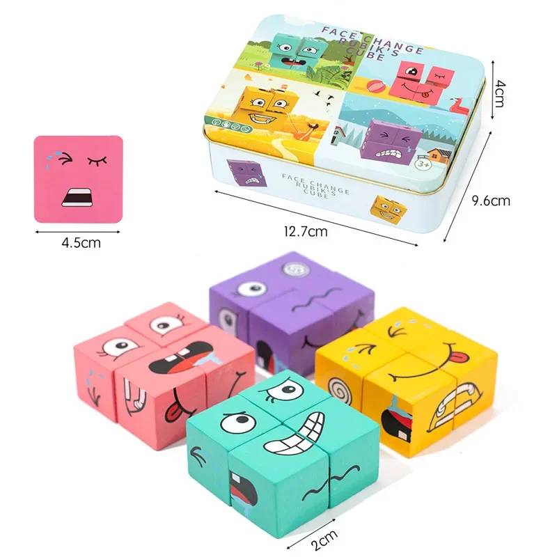 Cube Face Changing Building Blocks Board Game Wood Puzzle Montessori Expression Wooden Blocos for Children Battle Table Game