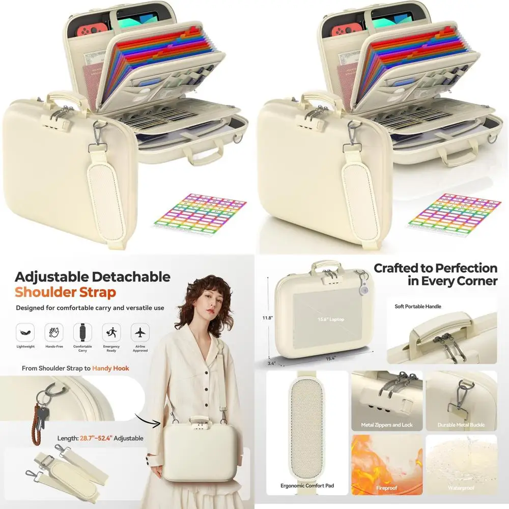 

Надежный жесткий кейс для документов с плечевым ремнем, органайзер на 13 отделений для безопасного хранения документов и ноутбука, бежевый