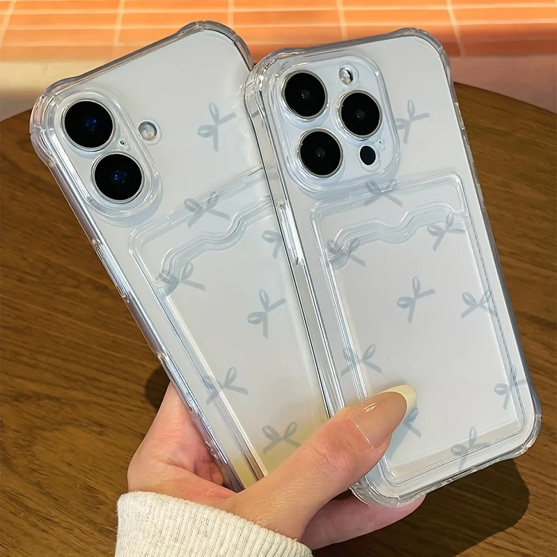 Funda con soporte para tarjetas transparente con lazo azul para iPhone 17 16 E 15 14 Plus 13 12 Mini 11 Pro Max, funda anticaída de silicona