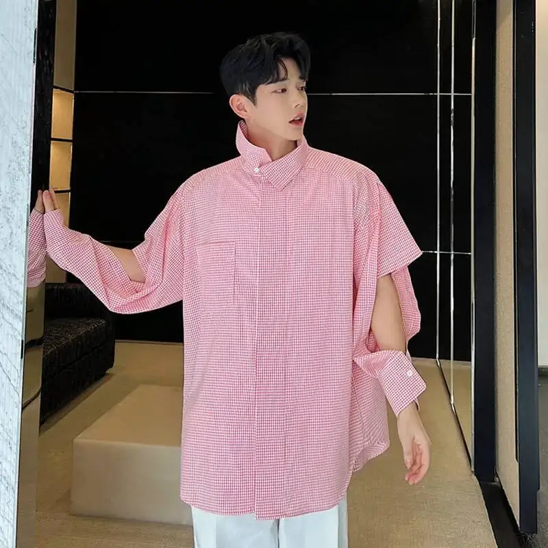 Spring Men Plaid Shirt Red Checkered Lapel Long Short Spliced Sleeve Loose Casual Camisas Streetwear Stylish Leisure Men Clothes