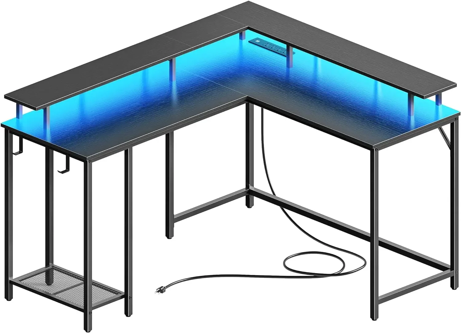 L Shaped Gaming Desk com luzes LED e Tomadas, Mesa do Computador com Suporte do Monitor