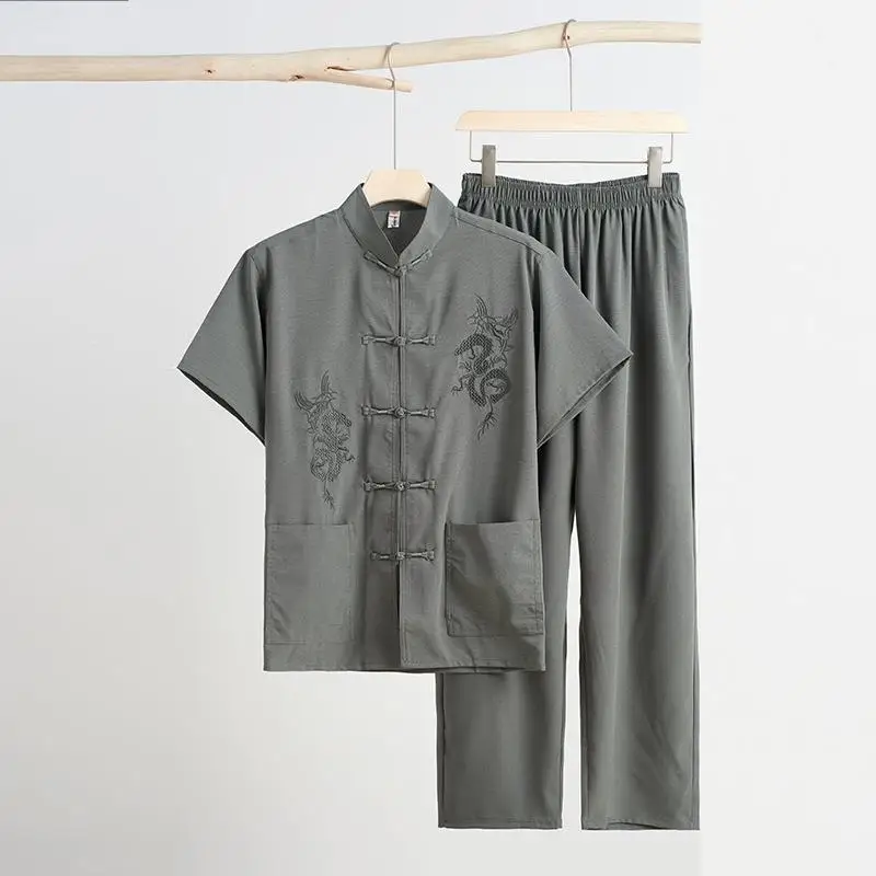 Men Cotton Tang Sets Male Summer New Taichi Costumes Vintage Kong Fu Clothes Chinese Style Shirt Embroider Dragon Button Down