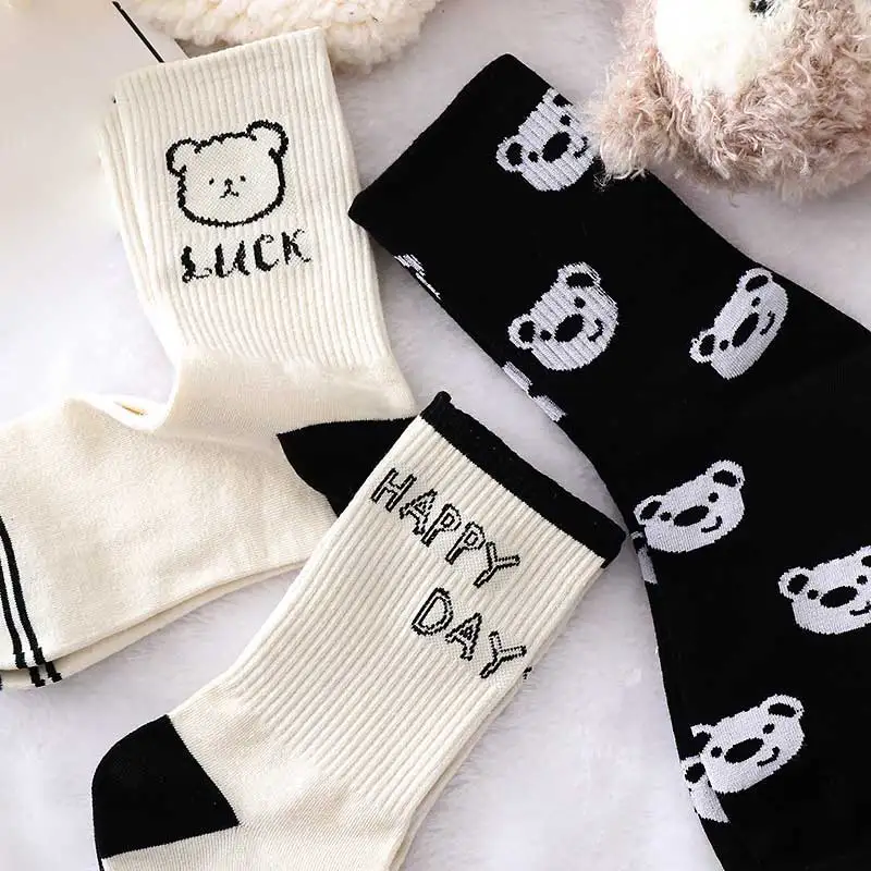 Women White Socks Cute Cartoon Anime Socks Bear Checkered Cotton Y2k Funny Socks Harajuku Paw Socks Print Girls