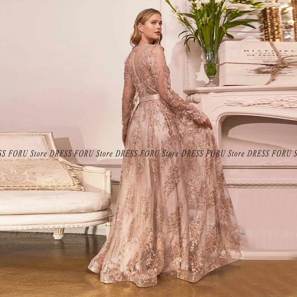 Evneing Dress For Woman Luxury Long Sleeve Glitter Sequin Lace Floor Length With Bow V Neck Vintage Formal Party Gown Vestidos